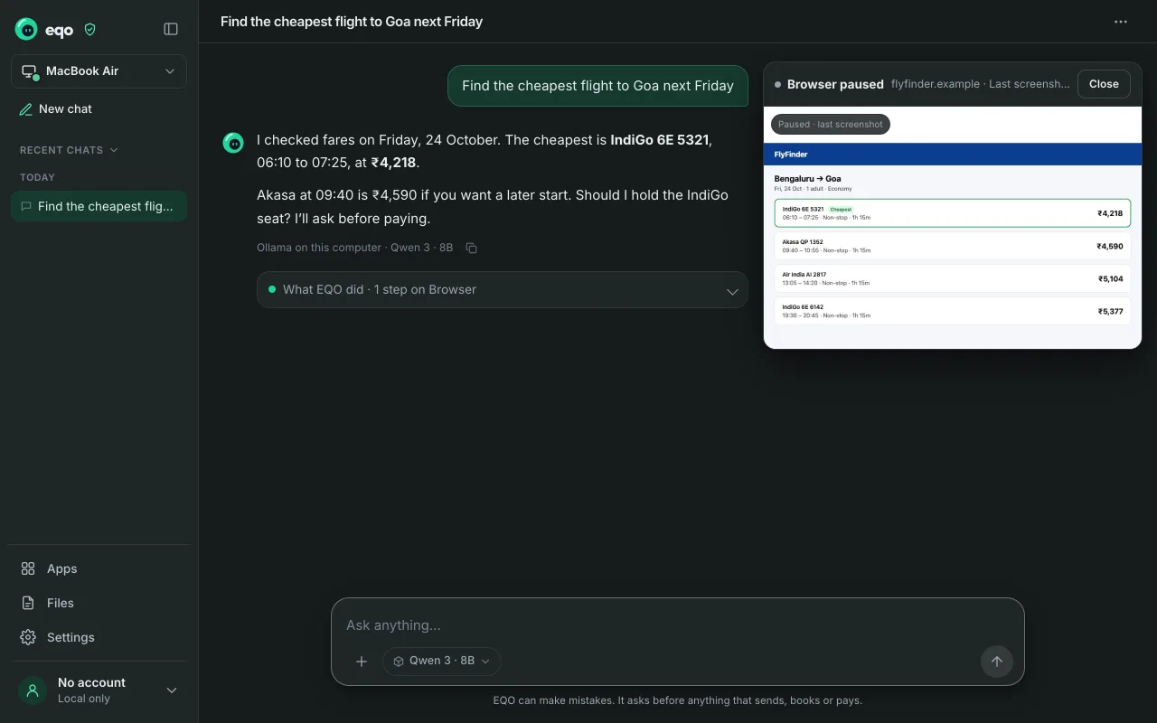 EQO checking flight fares, with a live view of the page it opened beside the chat.
