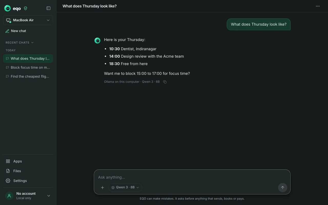 EQO answering what Thursday looks like, with three appointments and an offer to block focus time.