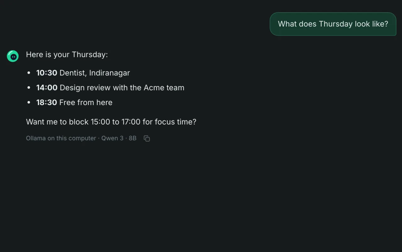 The EQO Mac app: a chat asking what Thursday looks like, and EQO listing the day's appointments.