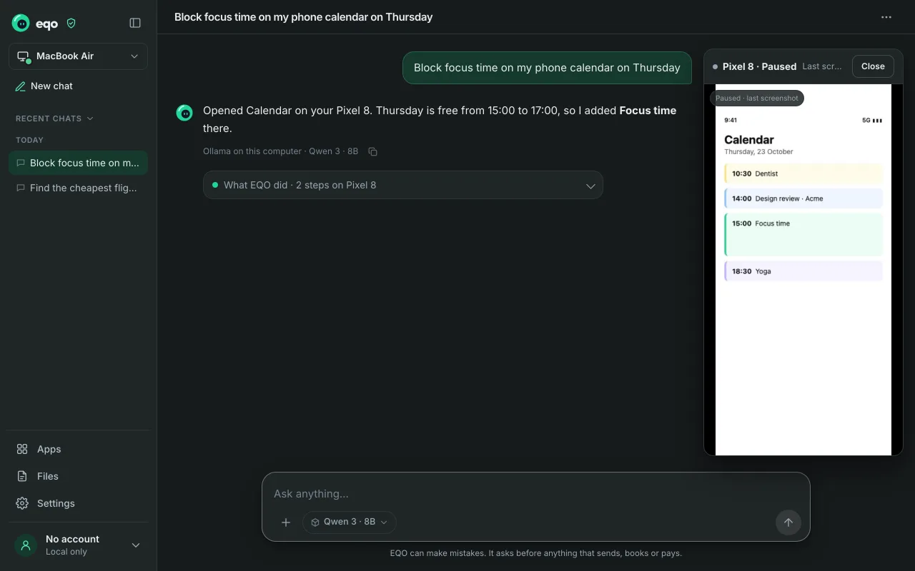EQO with a live view of an Android phone's calendar, and a list of the step it took.