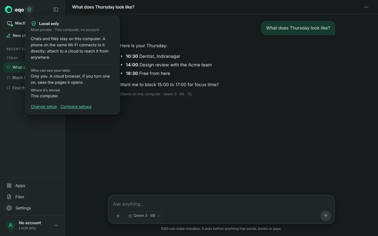 The privacy details for Local only: who can see your data and where it is stored.
